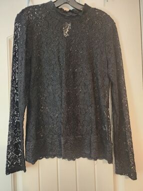 Cable & Gauge Women's Black Lace Long-Sleeve Top Keyhole Back High Neck XL Sexy